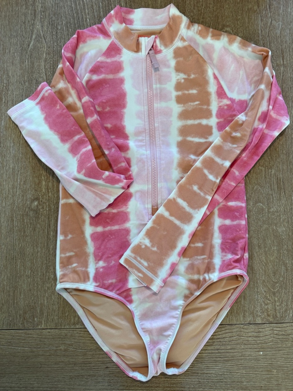 J Crew Kids Tie-Dye Long Sleeve One-Piece Swimsuit - Pink & Tan 10